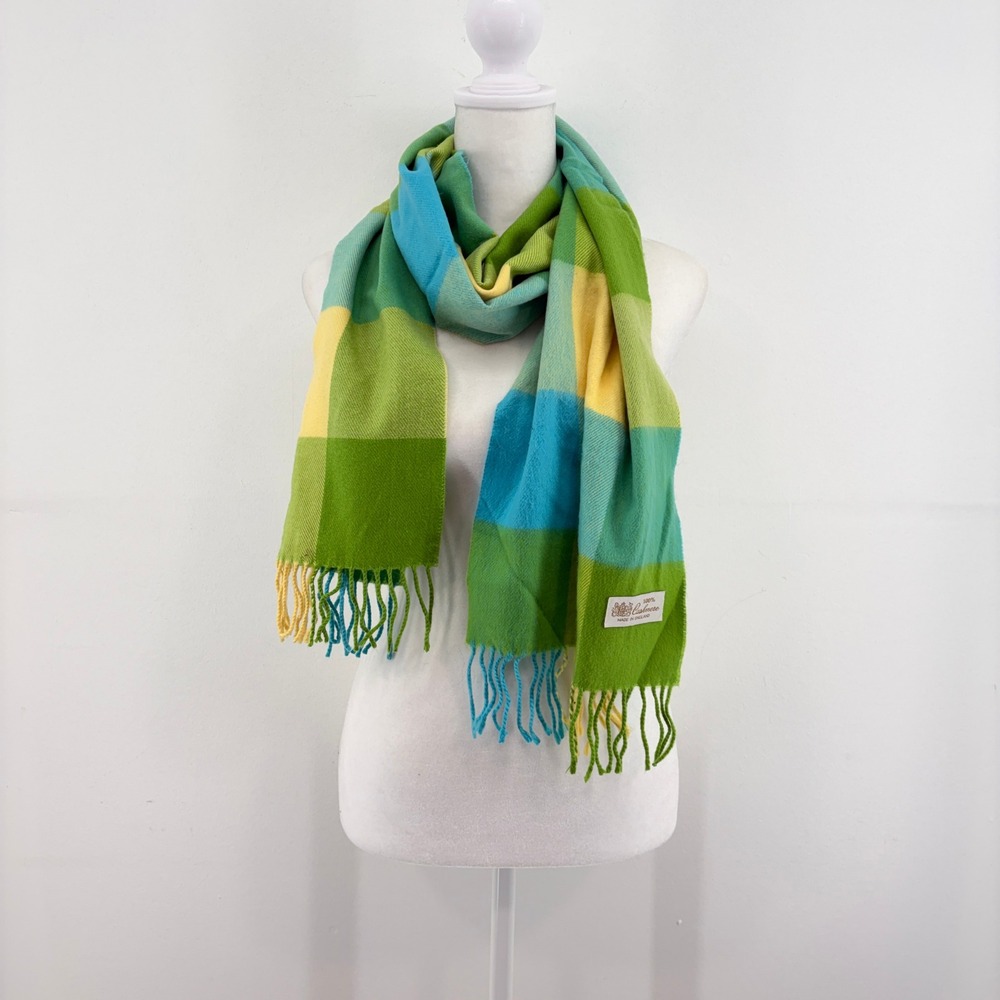 100% Cashmere Scarf Made England Plaid Green Blue Yellow Fringe Bright Colorful
